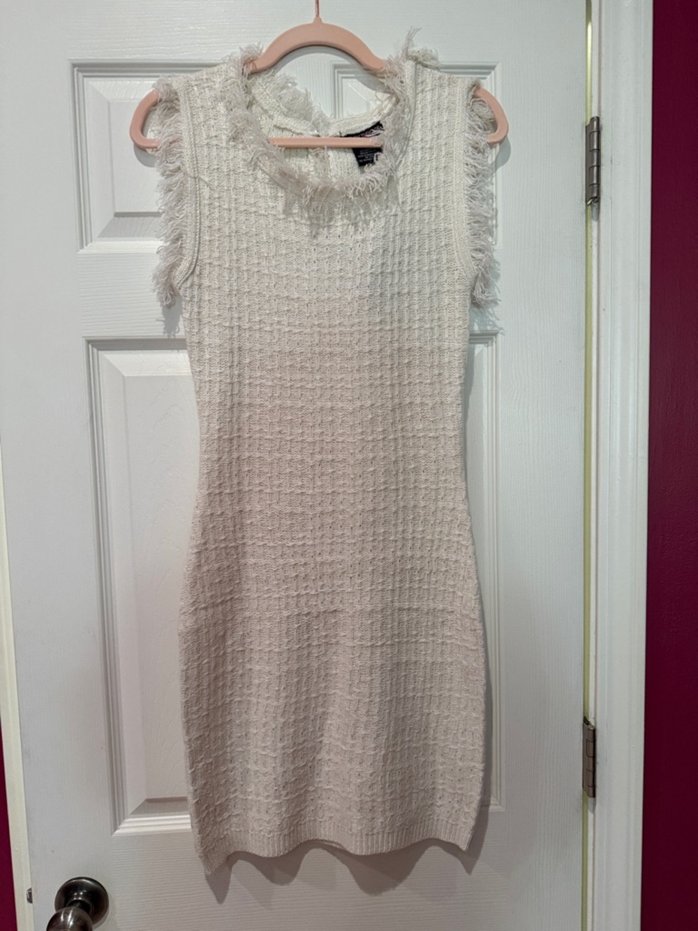TRENDY THREAD.   Sleeveless Cream Fringe-Trim Knit Mini Dress